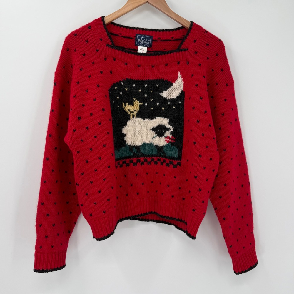 Vintage 80s Woolrich Woman Red 100% Wool Sheep Moon Sweater Medium